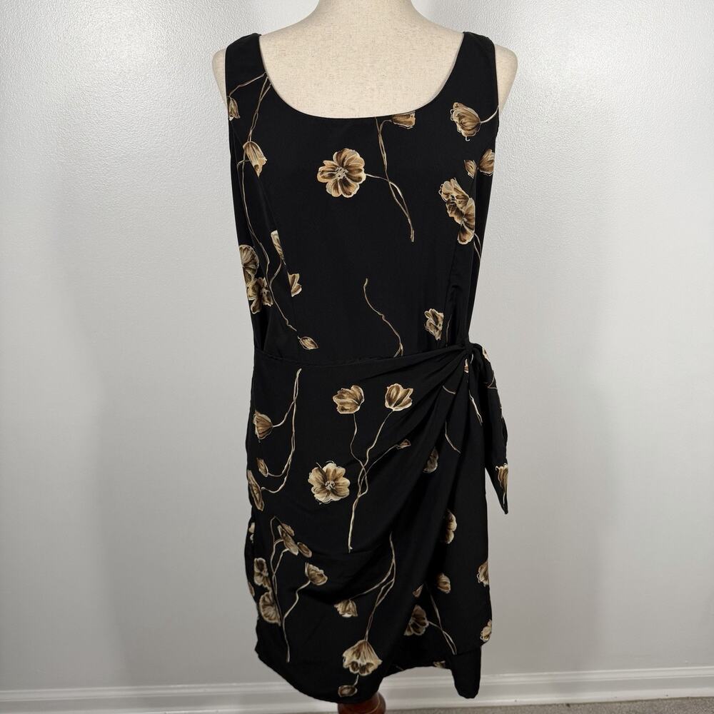 Basic Editions Women’s Black Brown Floral Faux Wrap Knee Length Dress Size 10